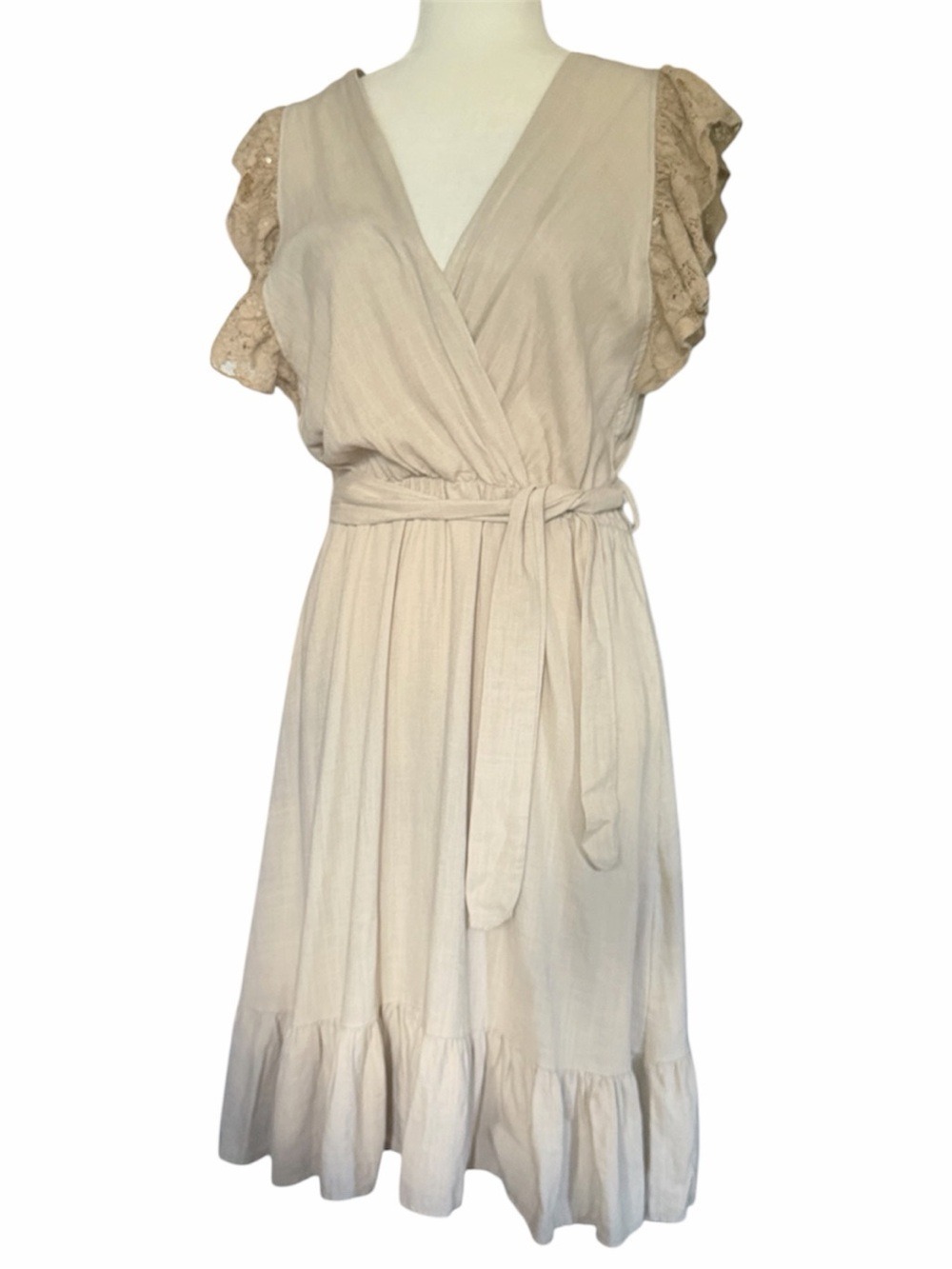 Unique Linen Faux Wrap Midi Dress Taupe with Lace Flutter Sleeves